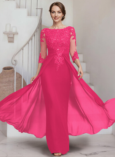 Sheath/Column Scoop Neck 3/4 Sleeves Chiffon Mother Of The Bride Dresses With Lace