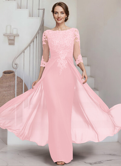 Sheath/Column Scoop Neck 3/4 Sleeves Chiffon Mother Of The Bride Dresses With Lace