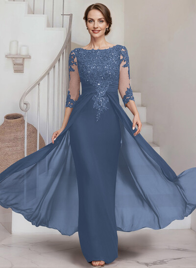 Sheath/Column Scoop Neck 3/4 Sleeves Chiffon Mother Of The Bride Dresses With Lace