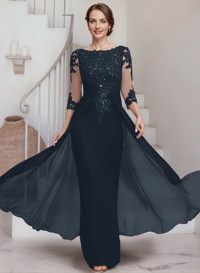 Sheath/Column Scoop Neck 3/4 Sleeves Chiffon Mother Of The Bride Dresses With Lace