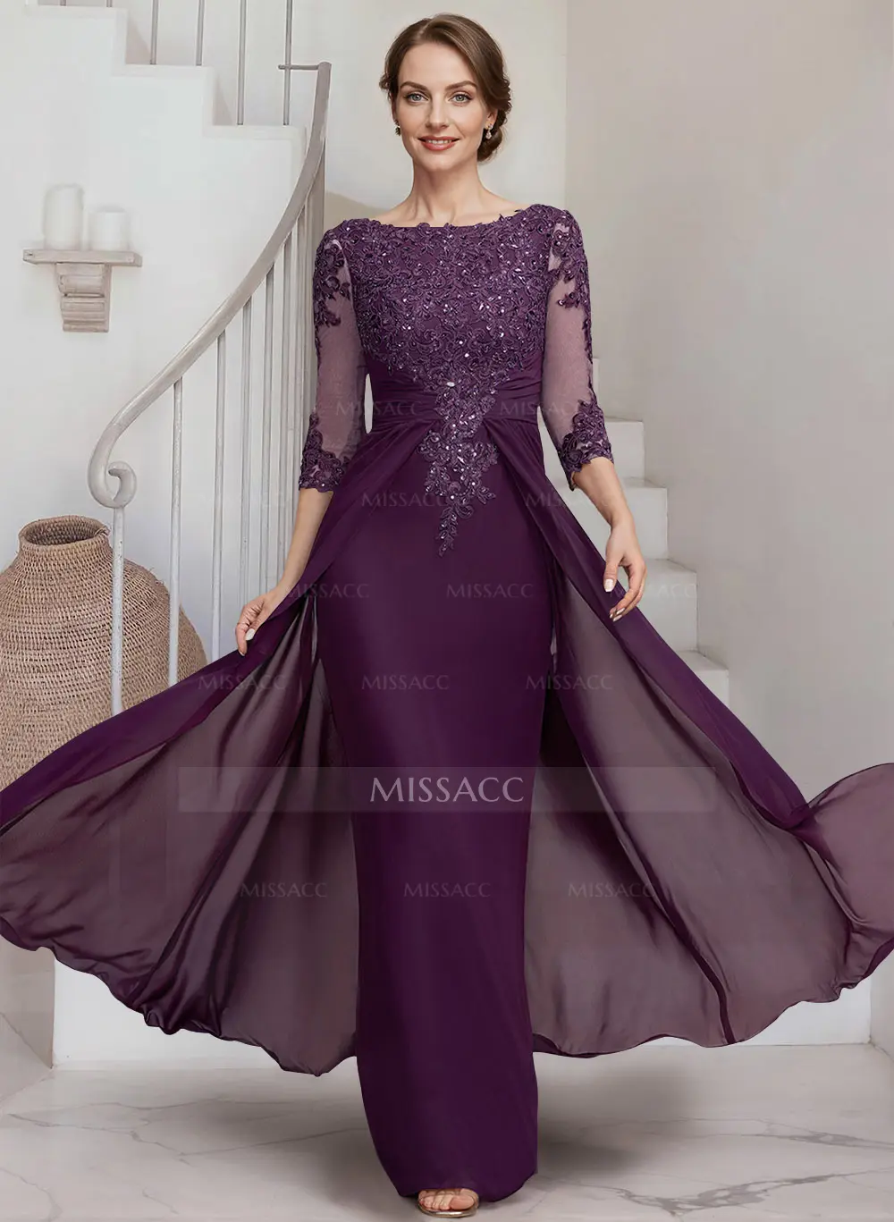 Sheath/Column Scoop Short Sleeves Chiffon Mother of the Bride Dresses with Ruffles