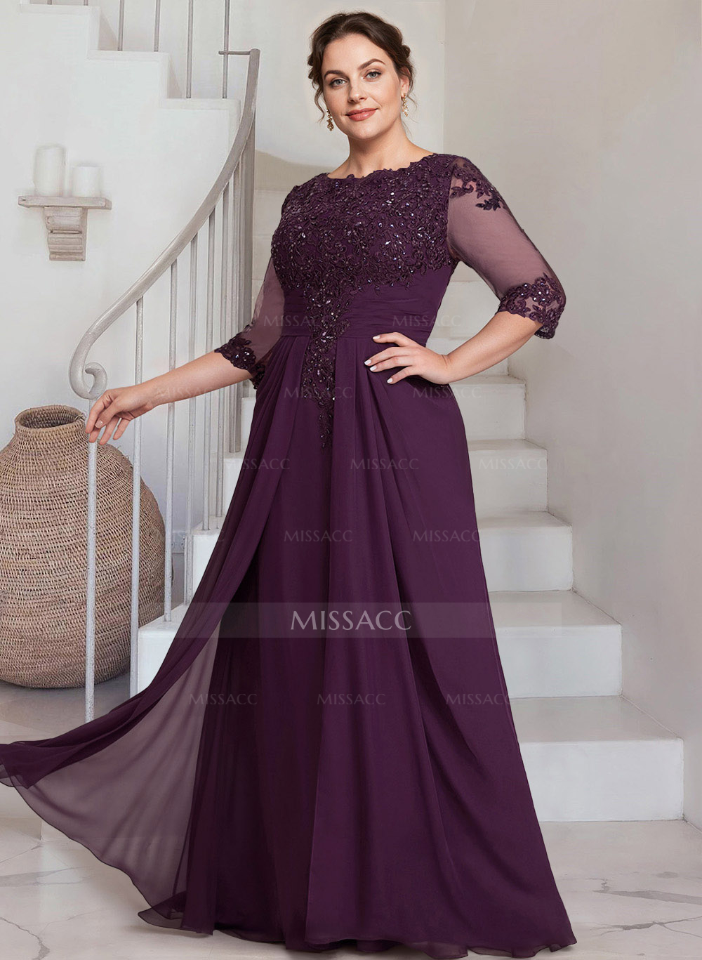 Sheath/Column Scoop Neck 3/4 Sleeves Chiffon Mother Of The Bride Dresses With Lace