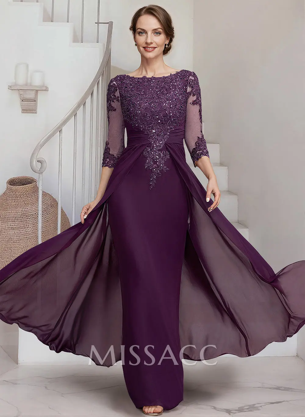 purple lace 3 4 sleeve dress Elegant Violet 3/4 sleeves High waist Beaded Lace Chiffon Evening Dress, Violet / US2