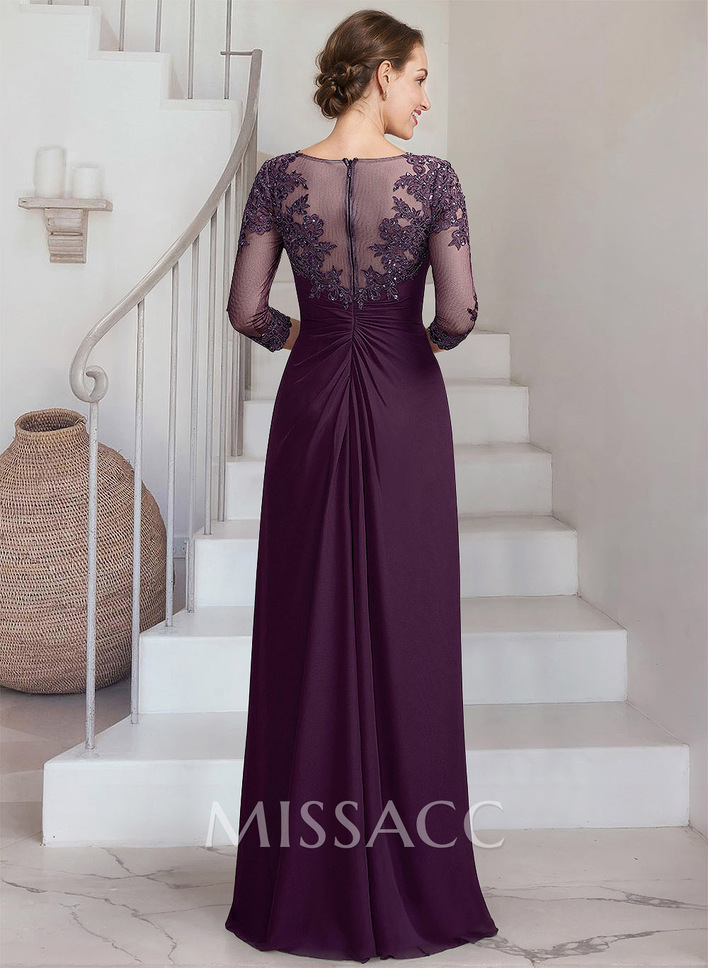 Sheath/Column Scoop Neck 3/4 Sleeves Chiffon Mother Of The Bride Dresses With Lace