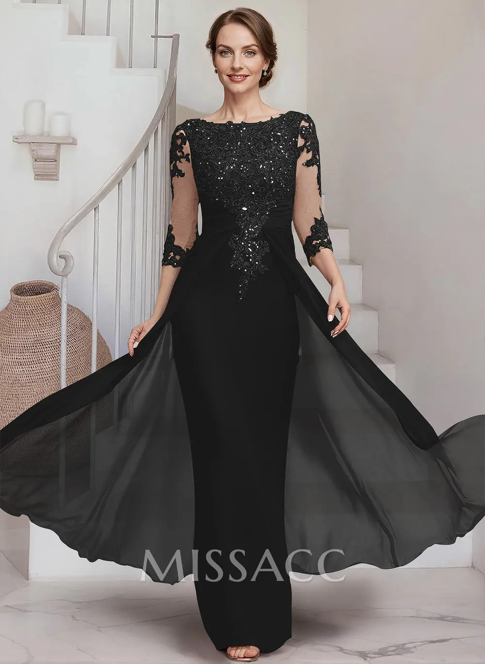 Sheath/Column Scoop Neck 3/4 Sleeves Chiffon Mother Of The Bride
