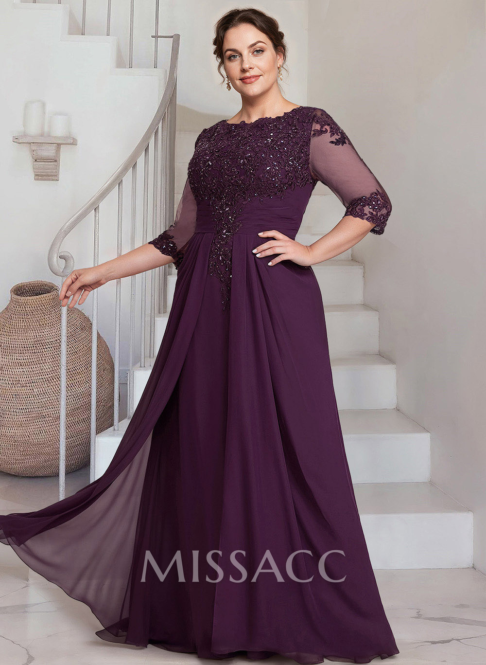 Sheath/Column Scoop Neck 3/4 Sleeves Chiffon Mother Of The Bride Dresses With Lace
