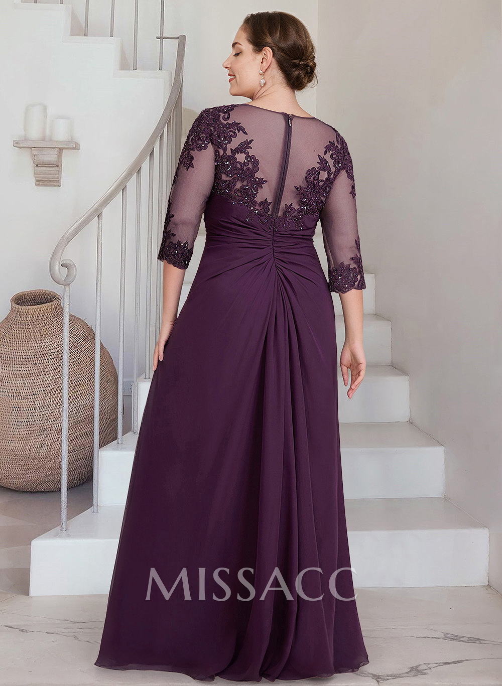 Sheath/Column Scoop Neck 3/4 Sleeves Chiffon Mother Of The Bride Dresses With Lace