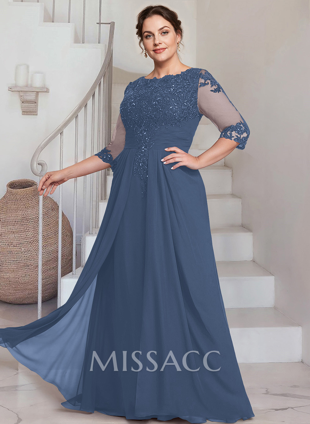Sheath/Column Scoop Neck 3/4 Sleeves Chiffon Mother Of The Bride Dresses With Lace