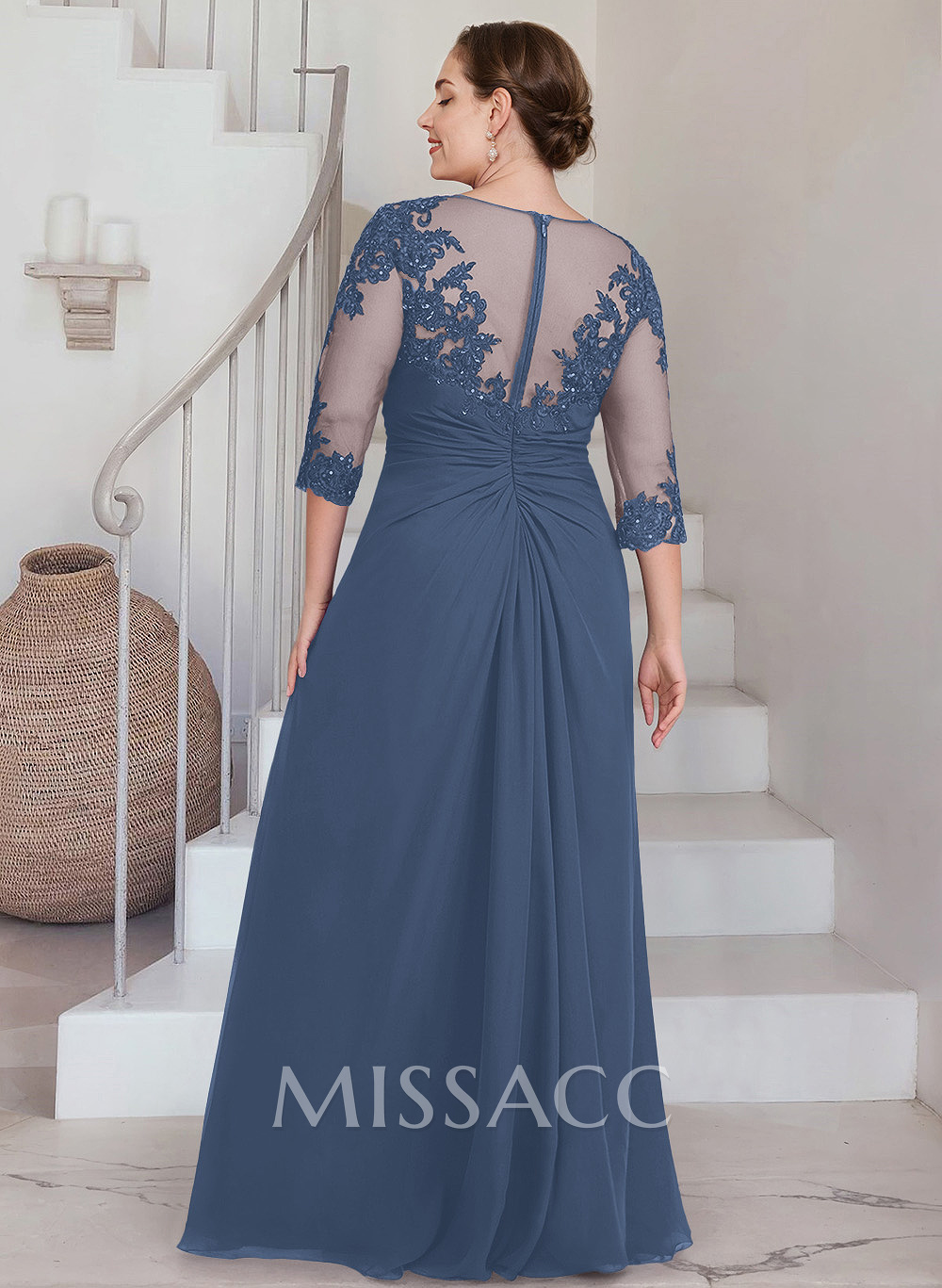 Sheath/Column Scoop Neck 3/4 Sleeves Chiffon Mother Of The Bride Dresses With Lace