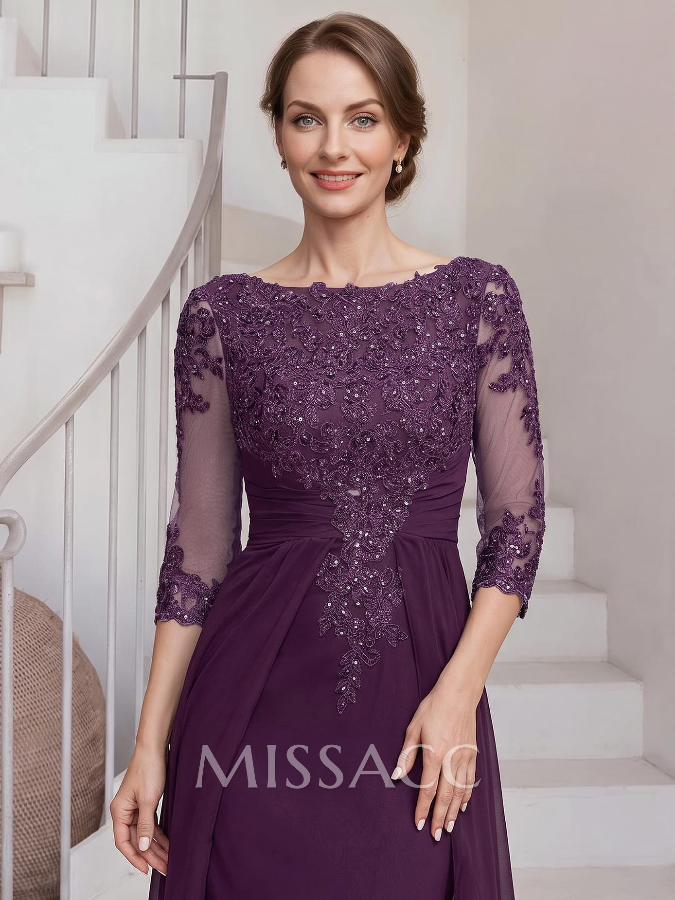 Sheath/Column Scoop Neck 3/4 Sleeves Chiffon Mother Of The Bride Dresses With Lace