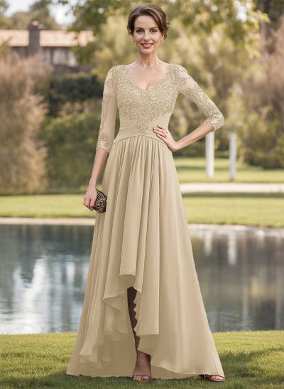 A-Line V-Neck 3/4 Sleeves Asymmetrical Chiffon Mother Of The Bride Dresses With Lace