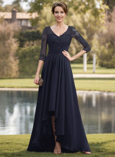 A-Line V-Neck 3/4 Sleeves Asymmetrical Chiffon Mother Of The Bride Dresses With Lace