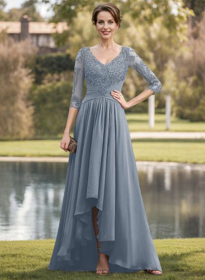 Modest Semi Sheer Illusion Lace Applique Sleeves Ruched Wasit Chiffon Mother Of The Bride Dresses