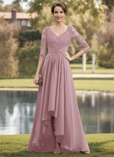 A-Line V-Neck 3/4 Sleeves Asymmetrical Chiffon Mother Of The Bride Dresses With Lace