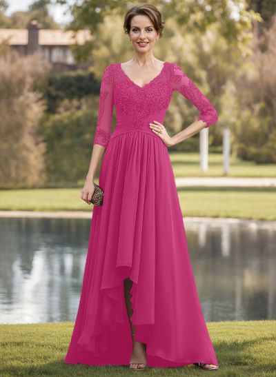 A-Line V-Neck 3/4 Sleeves Asymmetrical Chiffon Mother Of The Bride Dresses With Lace