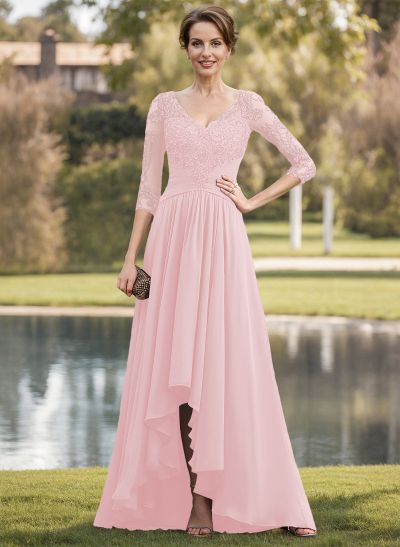 Modest Semi Sheer Illusion Lace Applique Sleeves Ruched Wasit Chiffon Mother Of The Bride Dresses