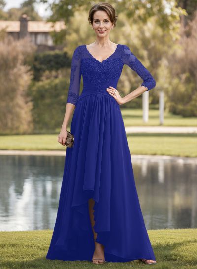 A-Line V-Neck 3/4 Sleeves Asymmetrical Chiffon Mother Of The Bride Dresses With Lace