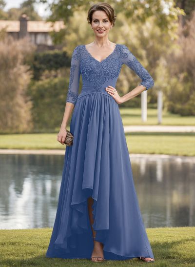 A-Line V-Neck 3/4 Sleeves Asymmetrical Chiffon Mother Of The Bride Dresses With Lace