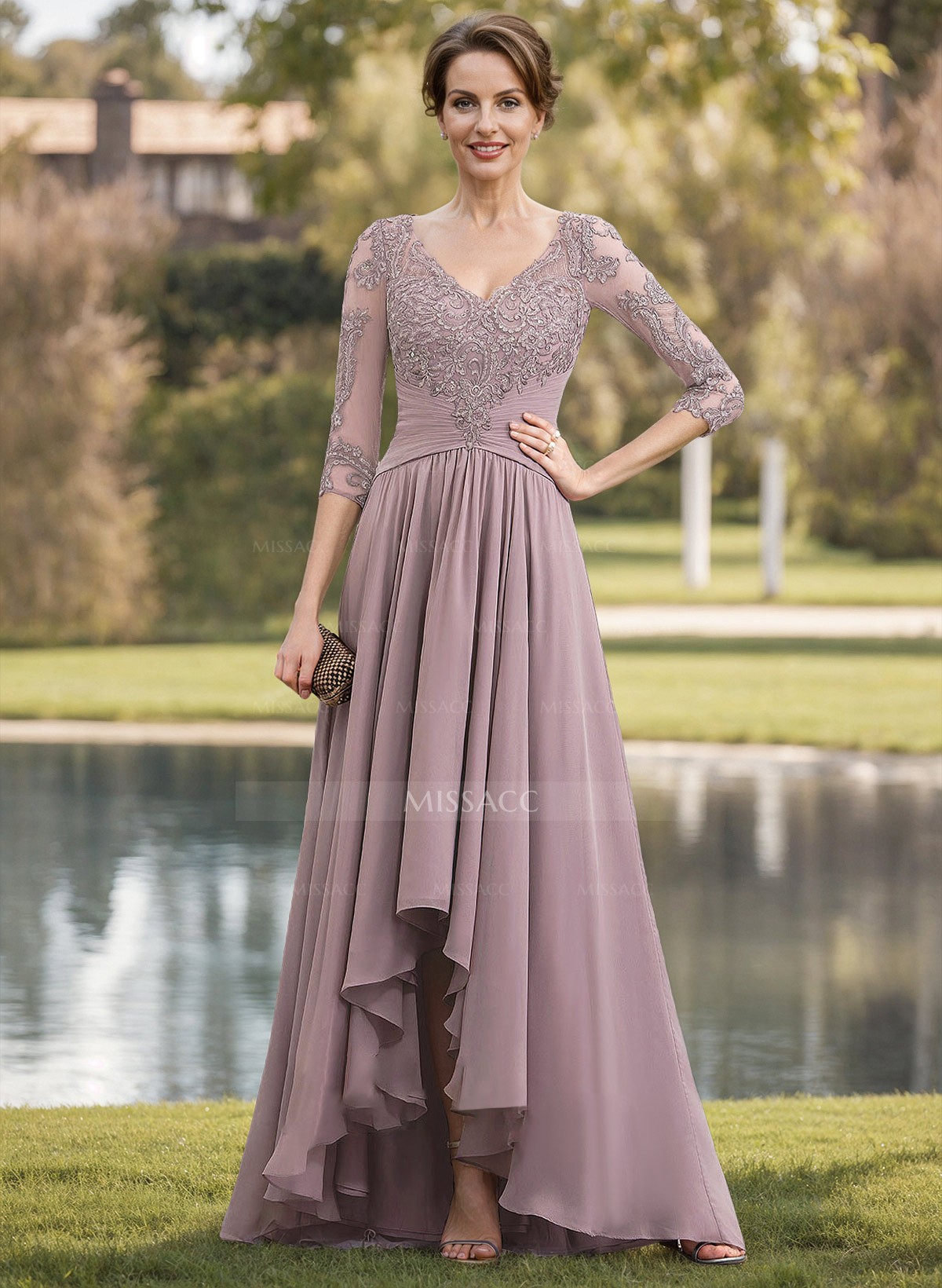 A-Line V-Neck 3/4 Sleeves Asymmetrical Chiffon Mother Of The Bride Dresses With Lace