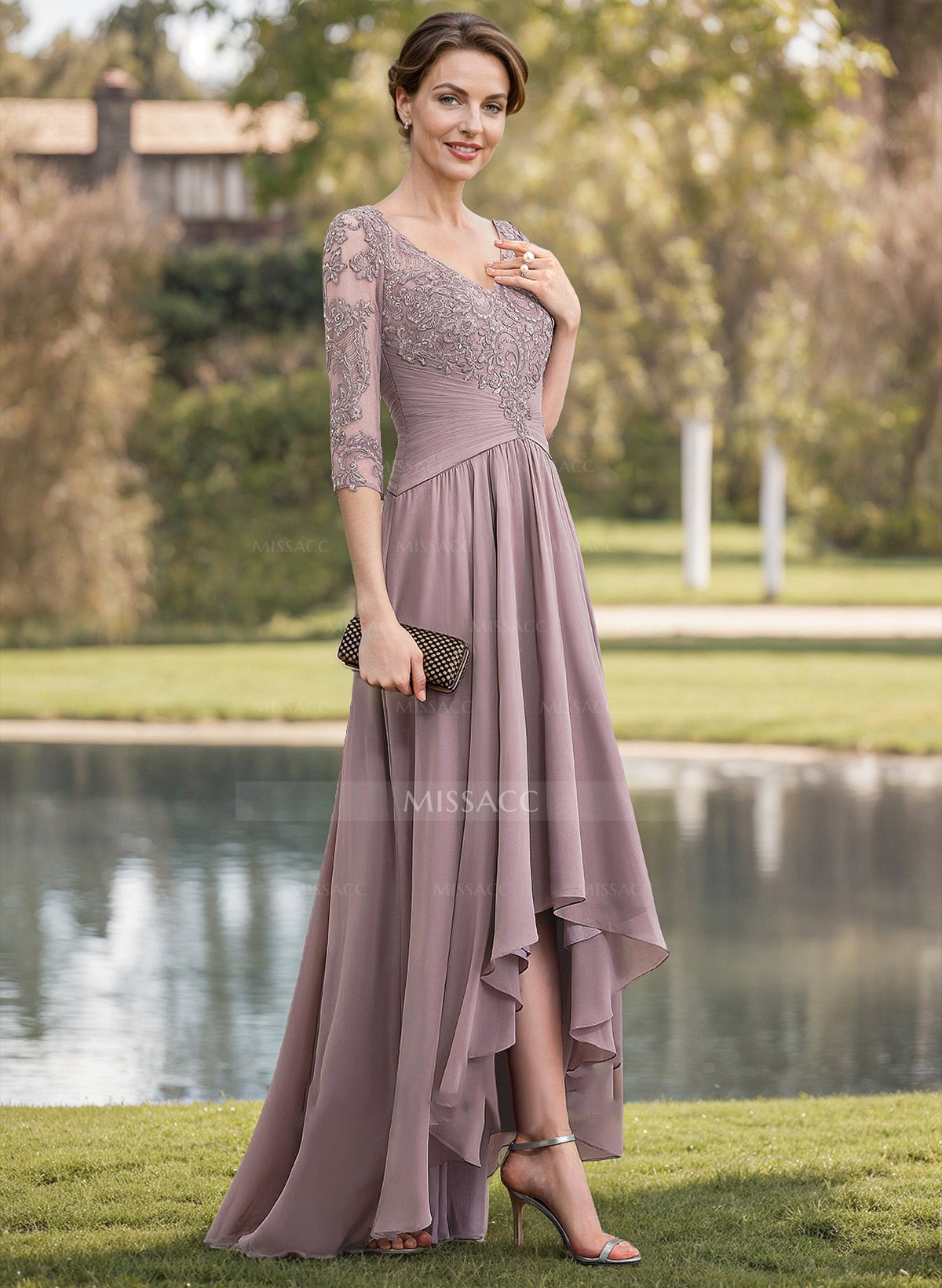 A-Line V-Neck 3/4 Sleeves Asymmetrical Chiffon Mother Of The Bride Dresses With Lace