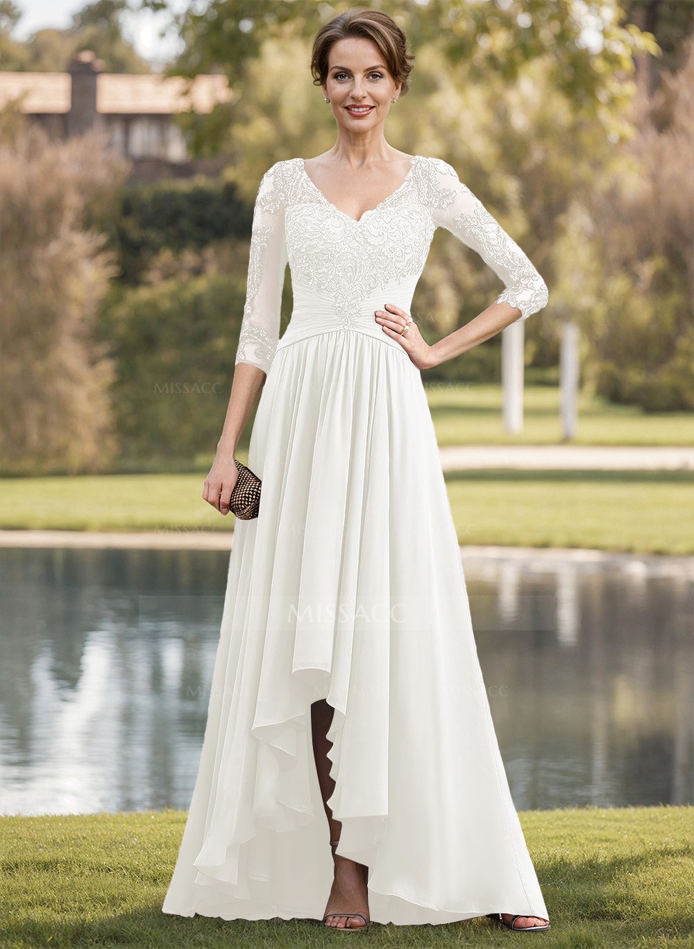 Modest Semi Sheer Illusion Lace Applique Sleeves Ruched Wasit Chiffon  Mother Of The Bride Dresses - Missacc, image size:1000x1367