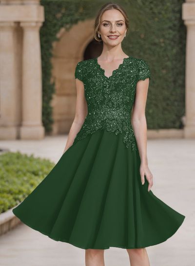 Exquisite Floral Embroidered V-Neck Short Sleeves Chiffon Mother Of The Bride Dresses With Jacket