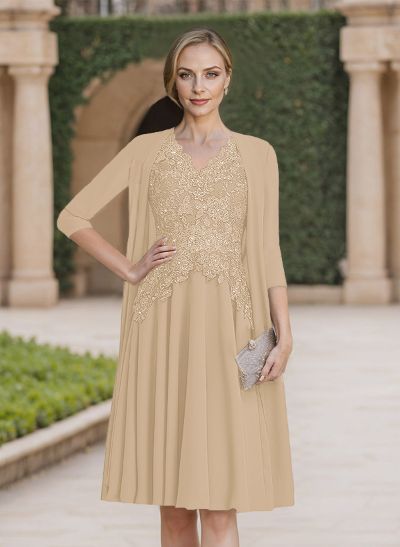 A-Line V-Neck 3/4 Sleeves Knee-Length Chiffon Mother Of The Bride Dresses With Appliques Lace