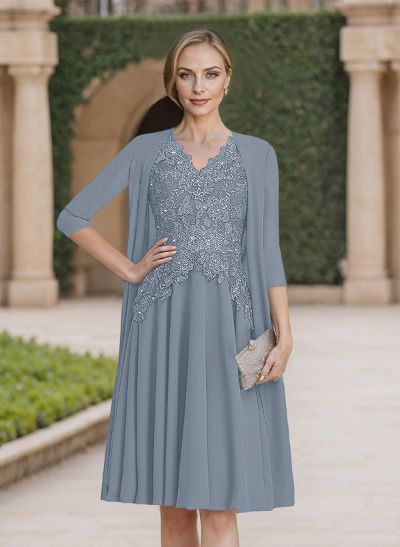 Exquisite Floral Embroidered V-Neck Short Sleeves Chiffon Mother Of The Bride Dresses With Jacket