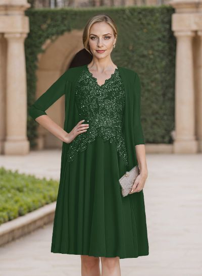 Exquisite Floral Embroidered V-Neck Short Sleeves Chiffon Mother Of The Bride Dresses With Jacket