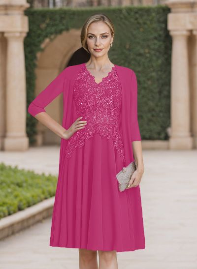 A-Line V-Neck 3/4 Sleeves Knee-Length Chiffon Mother Of The Bride Dresses With Appliques Lace