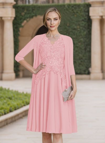 Exquisite Floral Embroidered V-Neck Short Sleeves Chiffon Mother Of The Bride Dresses With Jacket