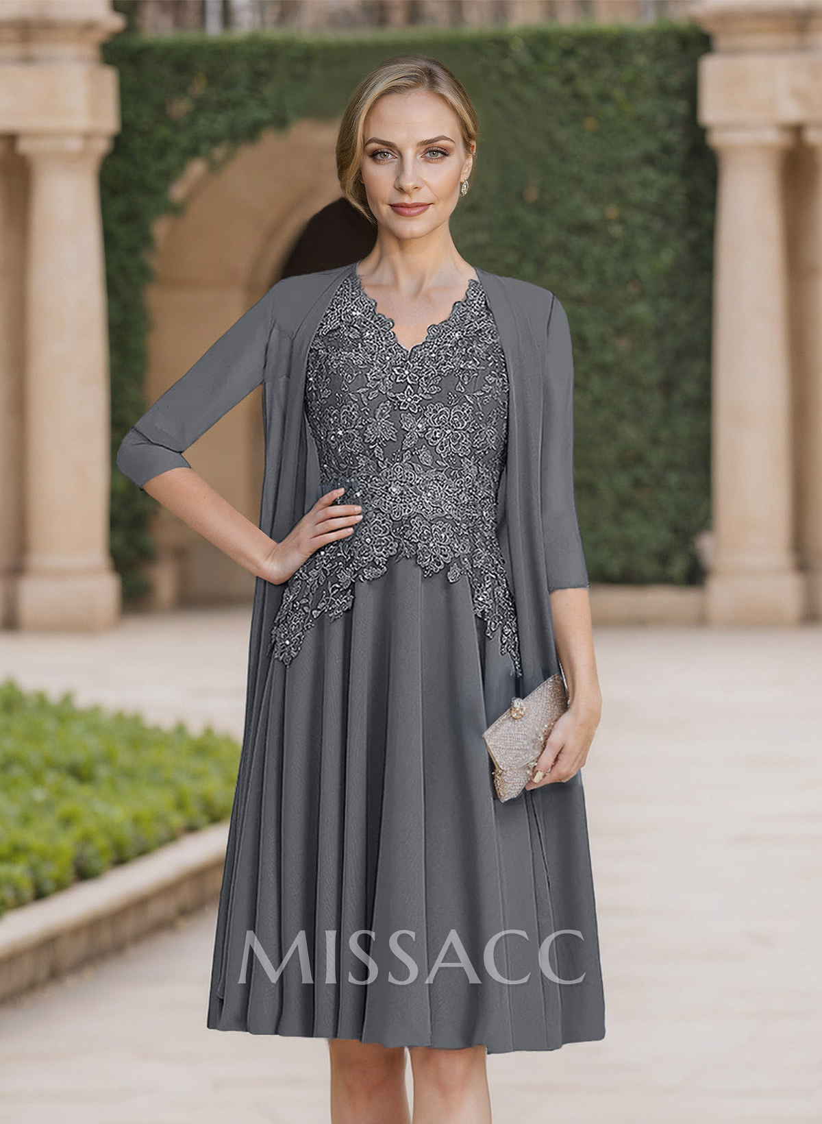 Exquisite Floral Embroidered V-Neck Short Sleeves Chiffon Mother Of The Bride Dresses With Jacket