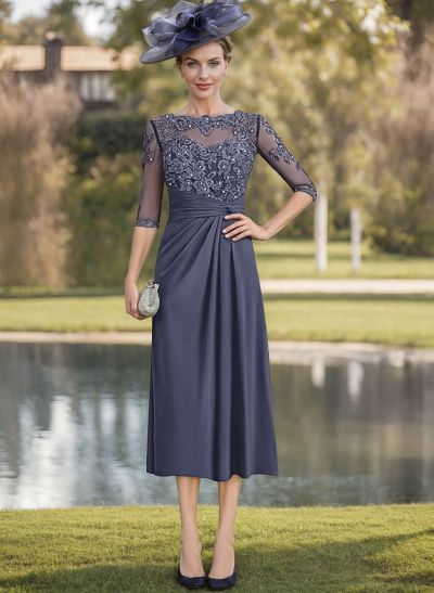 Exquisite Semi Sheer Illusion Lace Applique Sleeves Chiffon Mother Of The Bride Dresses