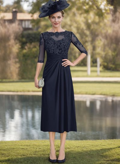 Sheath/Column Sleeves Tea-Length Chiffon Mother Of The Bride Dresses With Appliques Lace