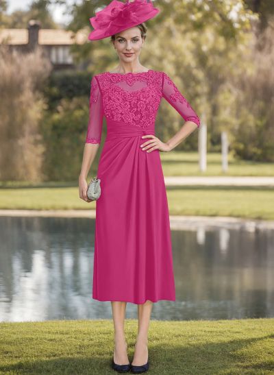 Sheath/Column Sleeves Tea-Length Chiffon Mother Of The Bride Dresses With Appliques Lace