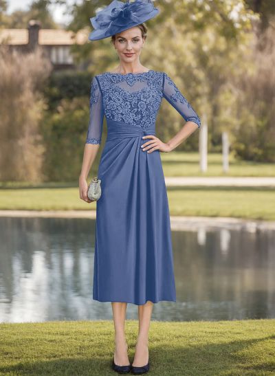 Sheath/Column Sleeves Tea-Length Chiffon Mother Of The Bride Dresses With Appliques Lace