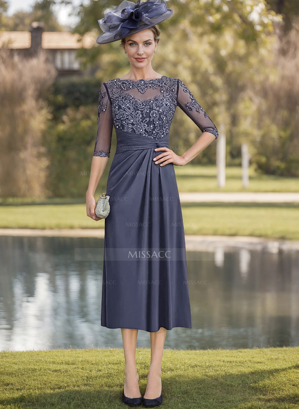 Sheath/Column Sleeves Tea-Length Chiffon Mother Of The Bride Dresses With Appliques Lace