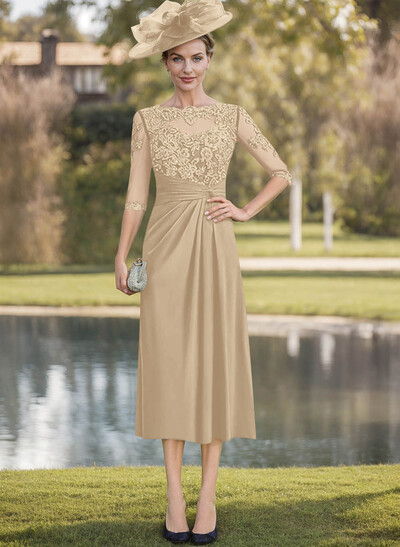 Exquisite Semi Sheer Illusion Lace Applique Sleeves Chiffon Mother Of The Bride Dresses