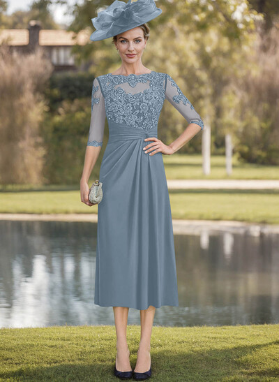 Exquisite Semi Sheer Illusion Lace Applique Sleeves Chiffon Mother Of The Bride Dresses