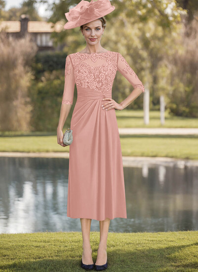 Exquisite Semi Sheer Illusion Lace Applique Sleeves Chiffon Mother Of The Bride Dresses