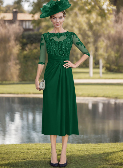 Exquisite Semi Sheer Illusion Lace Applique Sleeves Chiffon Mother Of The Bride Dresses