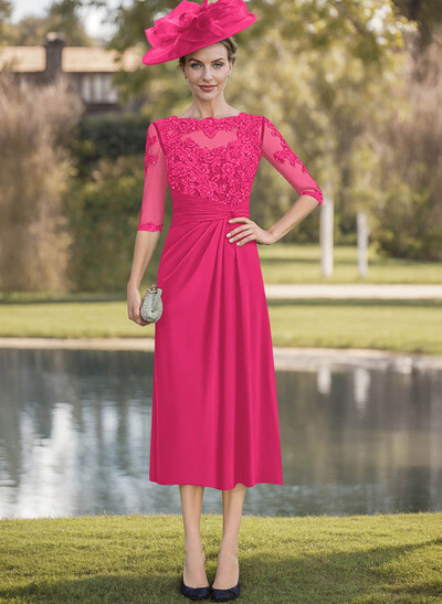 Exquisite Semi Sheer Illusion Lace Applique Sleeves Chiffon Mother Of The Bride Dresses