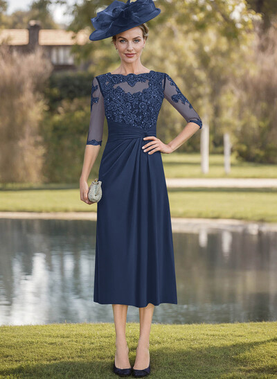 Exquisite Semi Sheer Illusion Lace Applique Sleeves Chiffon Mother Of The Bride Dresses