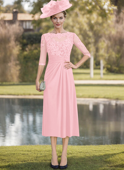 Exquisite Semi Sheer Illusion Lace Applique Sleeves Chiffon Mother Of The Bride Dresses