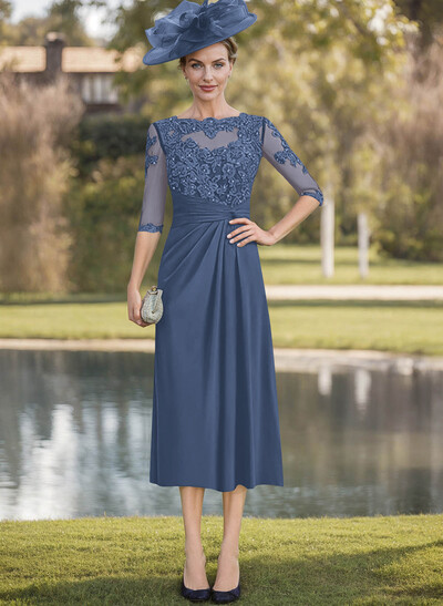 Exquisite Semi Sheer Illusion Lace Applique Sleeves Chiffon Mother Of The Bride Dresses