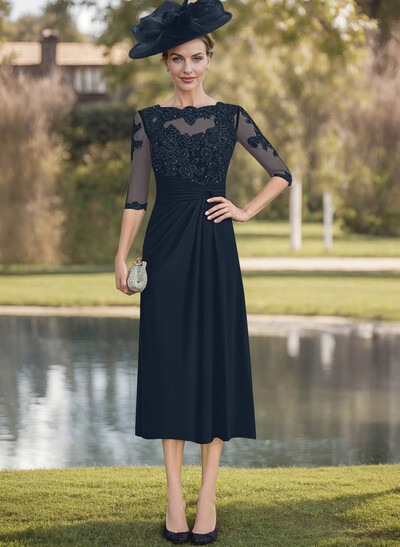 Exquisite Semi Sheer Illusion Lace Applique Sleeves Chiffon Mother Of The Bride Dresses