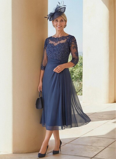 Exquisite Semi Sheer Illusion Lace Applique Sleeves Chiffon Mother Of The Bride Dresses