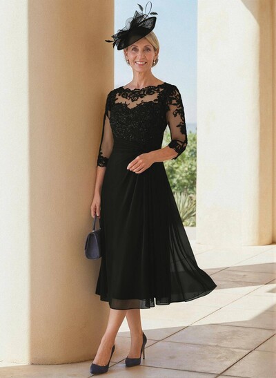 Exquisite Semi Sheer Illusion Lace Applique Sleeves Chiffon Mother Of The Bride Dresses