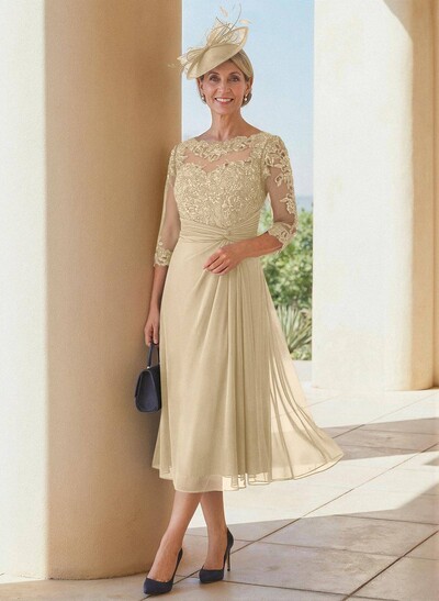 Exquisite Semi Sheer Illusion Lace Applique Sleeves Chiffon Mother Of The Bride Dresses