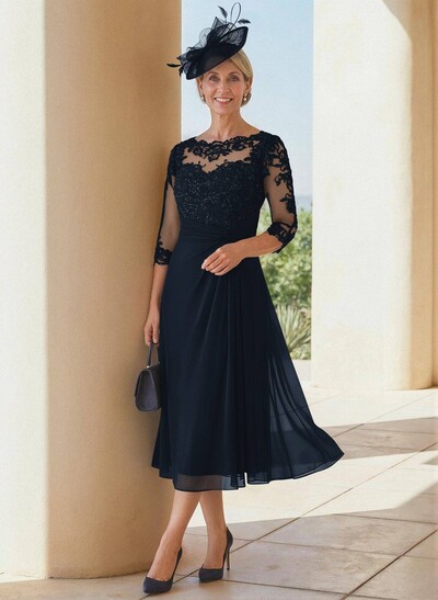 Exquisite Semi Sheer Illusion Lace Applique Sleeves Chiffon Mother Of The Bride Dresses